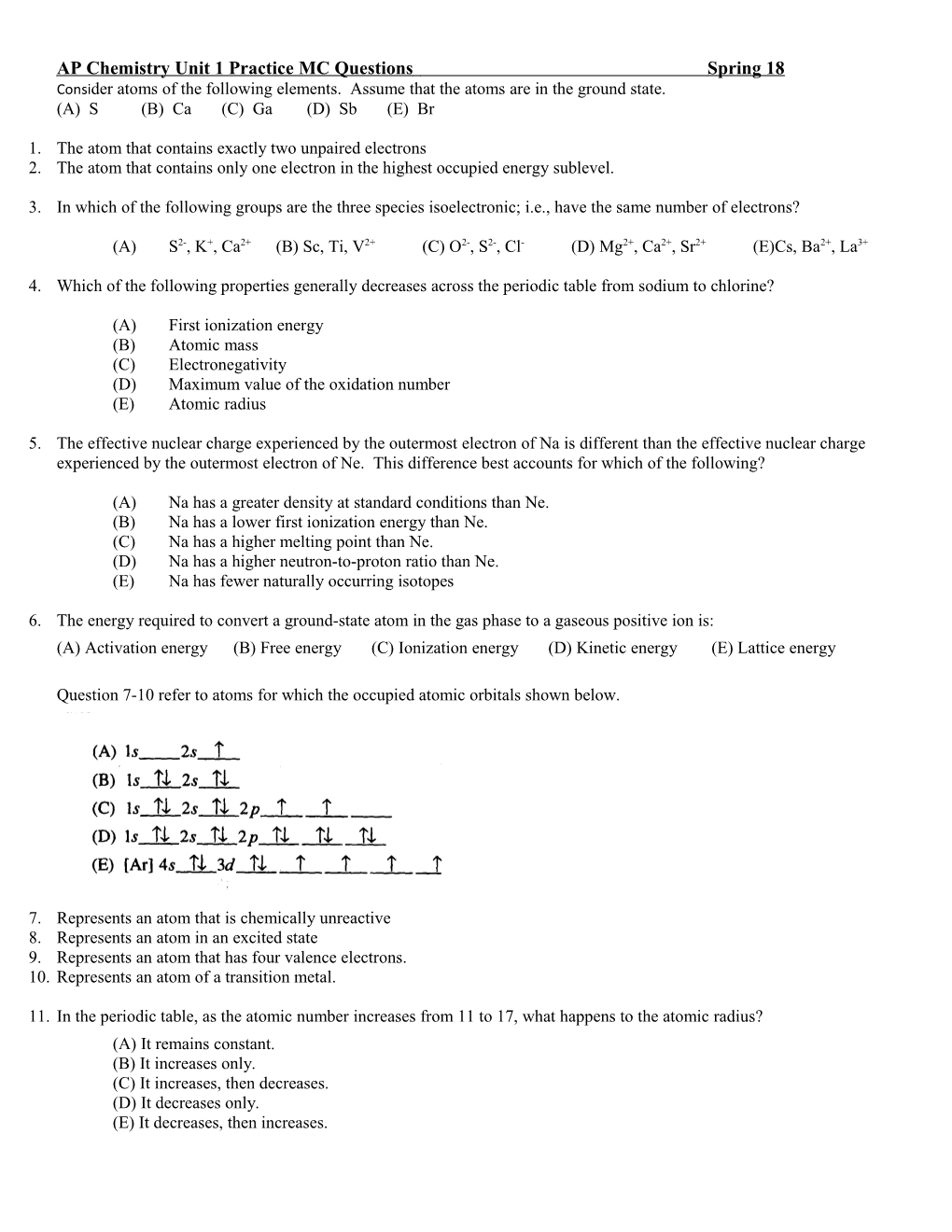 AP Chemistry Unit 1 Practice MC Questionsspring 18
