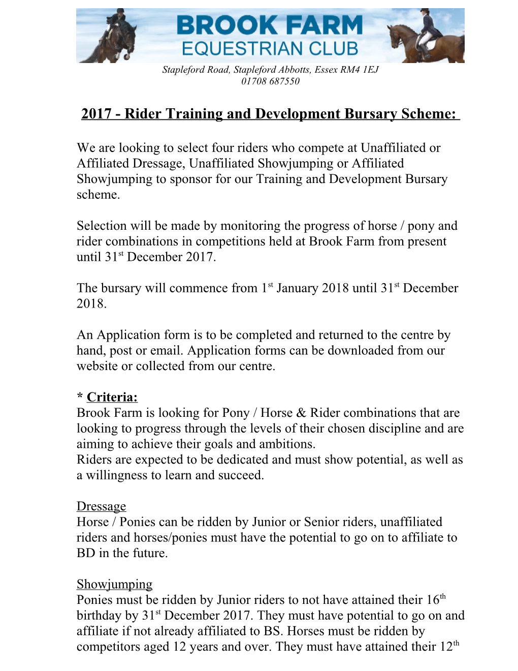 2017 - Rider Training and Development Bursary Scheme