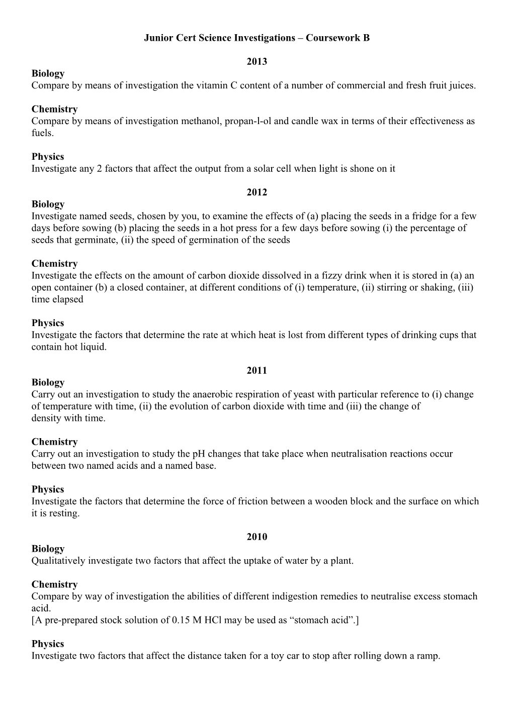 Junior Cert Science Investigations Coursework B