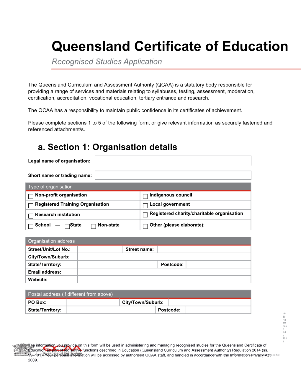 Queensland Certificate of Education: Recognised Studies Application