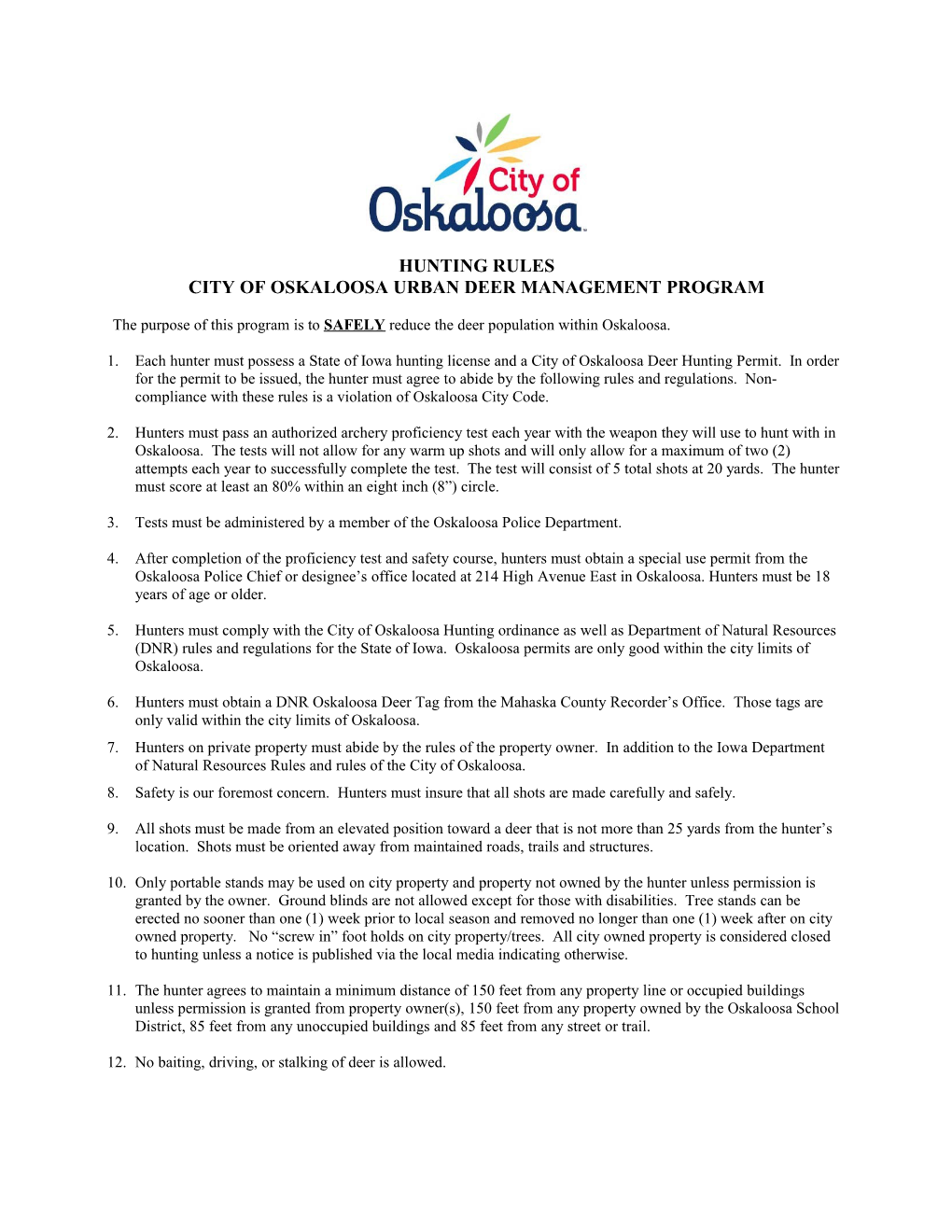 City of Oskaloosa Urban Deer Management Program