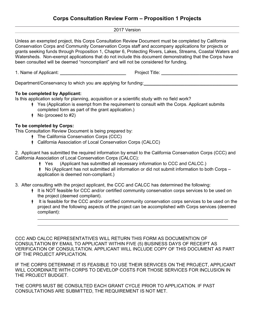 Corps Consultation Review Form Proposition 1 Projects