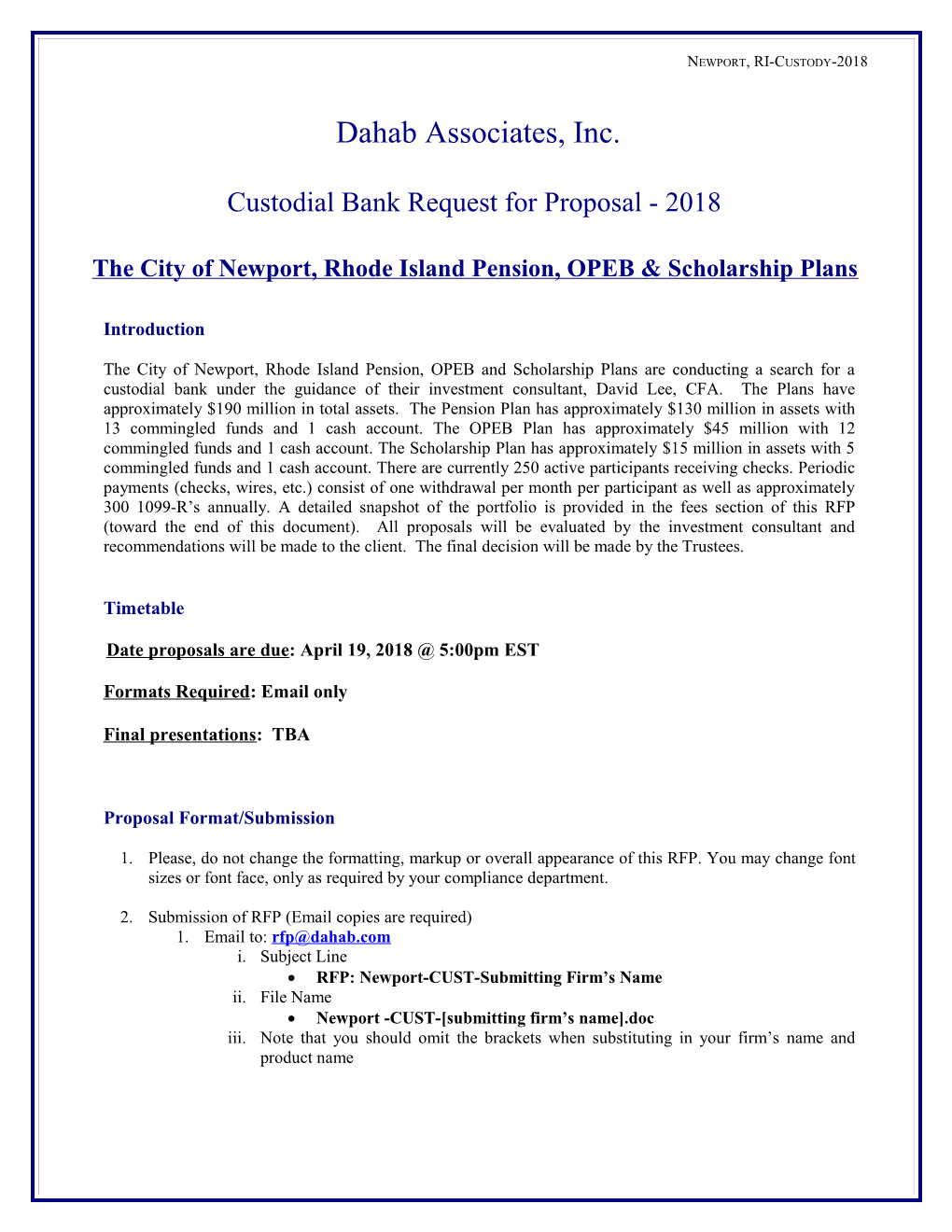 Custodial Bank Request for Proposal - 2018