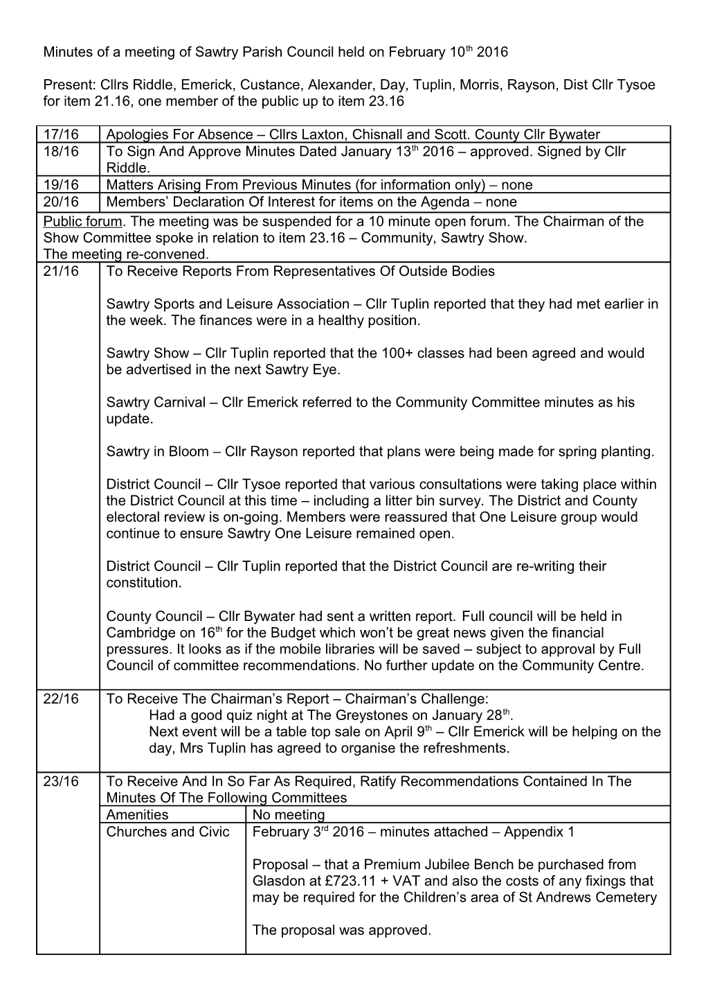 Minutes of a Meeting of Sawtry Parish Council Held on February 10Th 2016