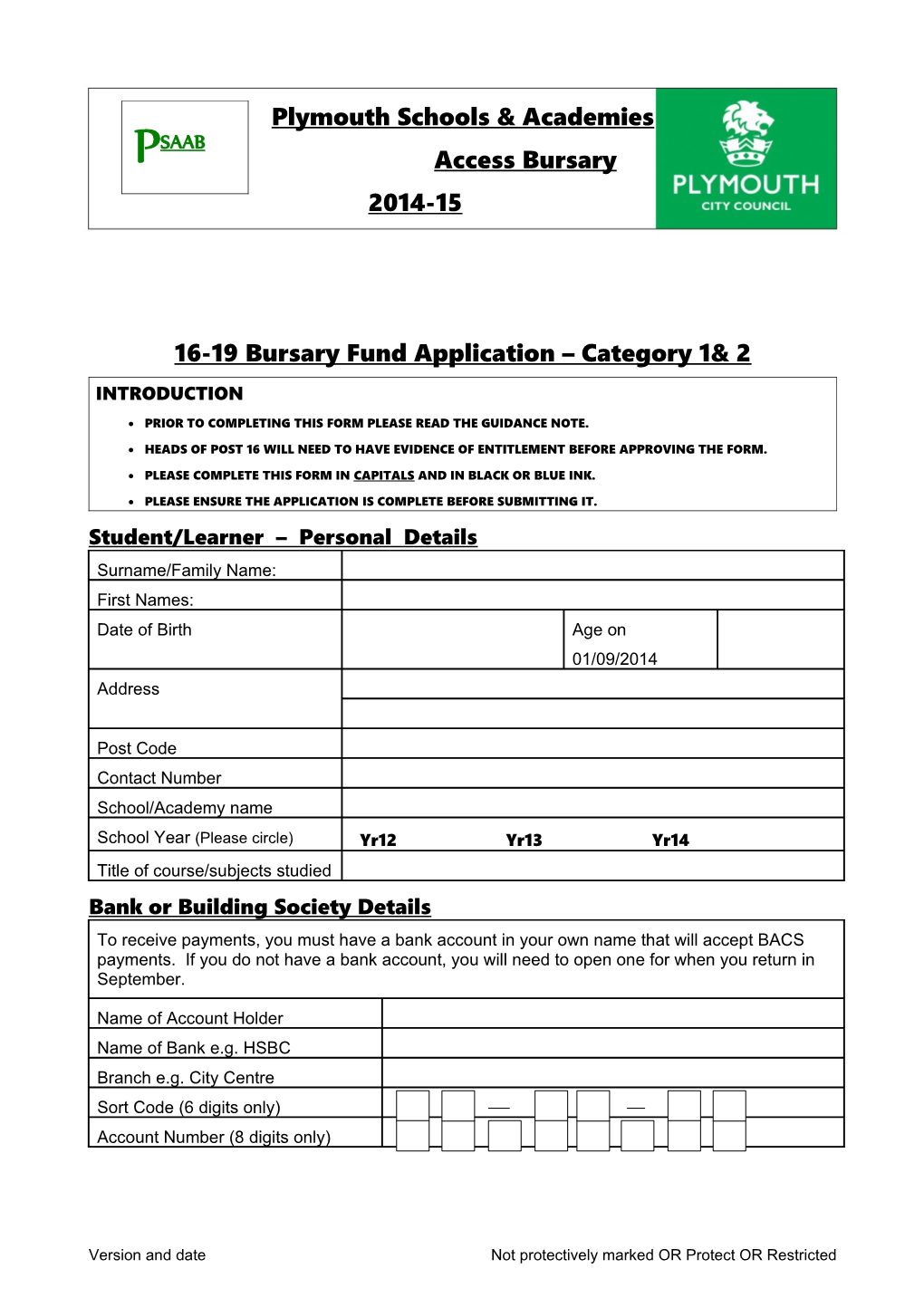 16-19 Bursary Fund Application Category 1& 2