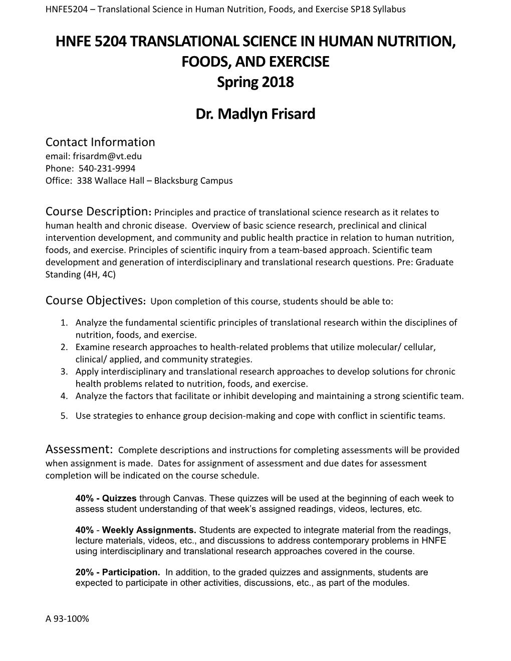 HNFE5204 Translational Science in Human Nutrition, Foods, and Exercisesp18 Syllabus