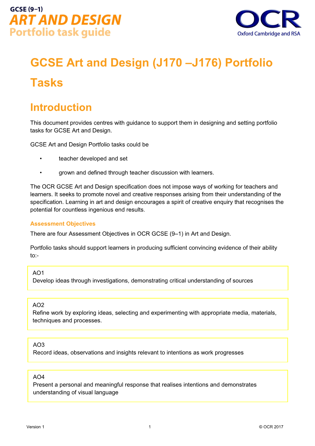 GCSE (9-1) Art and Design Portfolio Task Guide