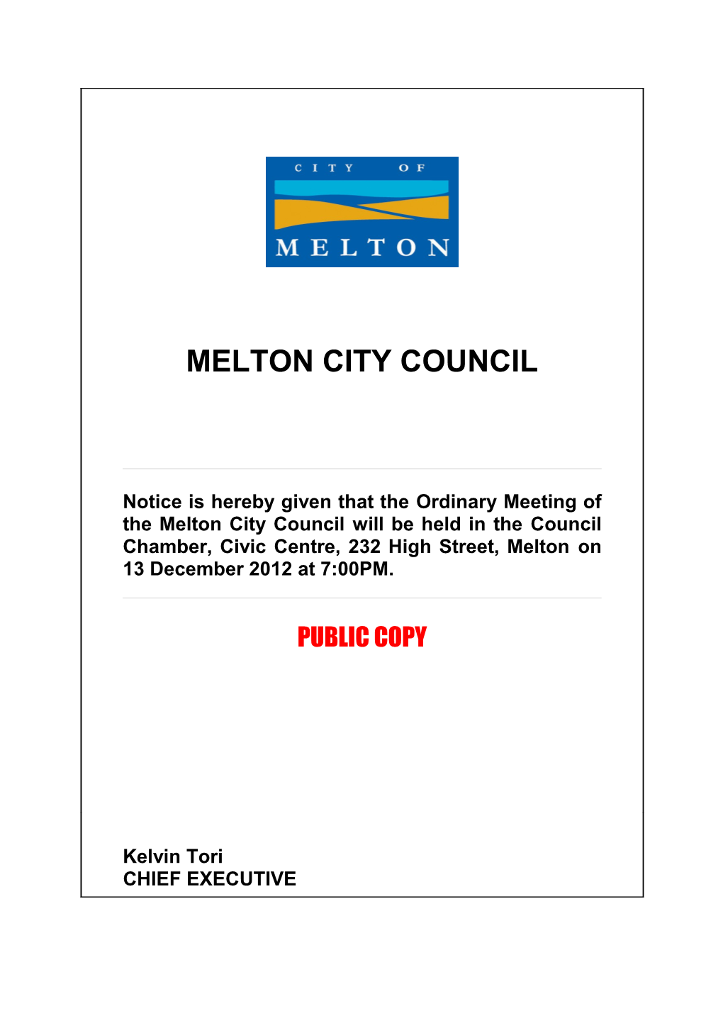 Agenda of Ordinary Meeting of Council - 13 December 2012