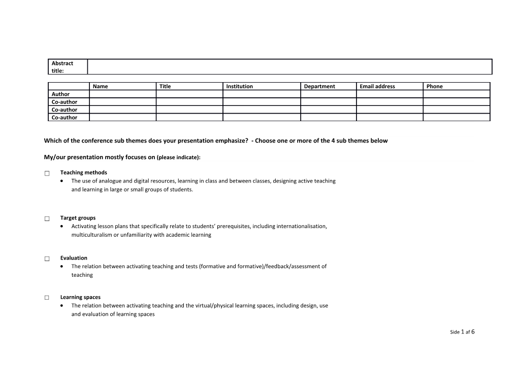 Submission of Abstract for the Conference Teaching for Active Learning 2015