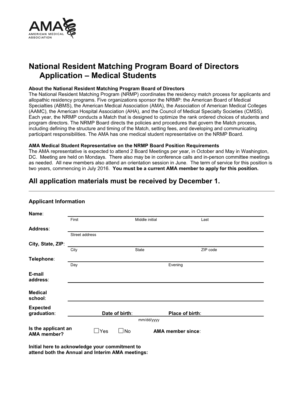 AMA Liaison to the National Resident Matching Program Board of Directors Application Medical