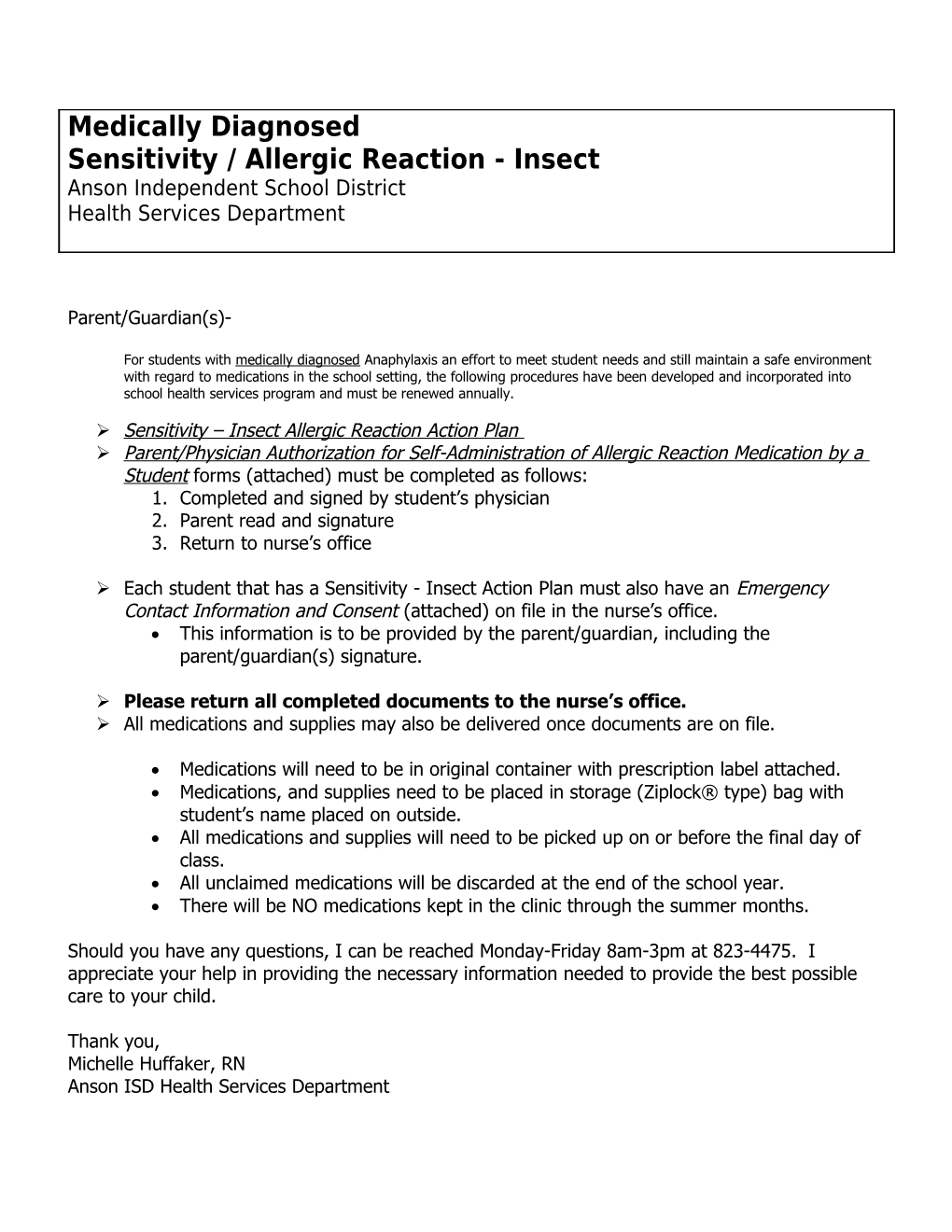 Sensitivity Insect Allergic Reaction Action Plan