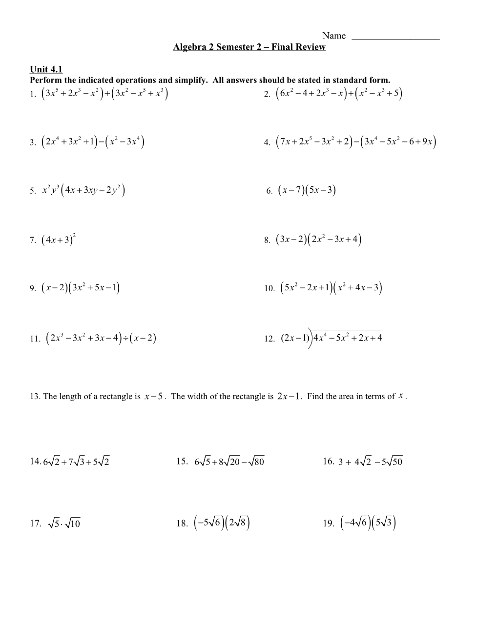 Algebra 2 Semester 2 Final Review