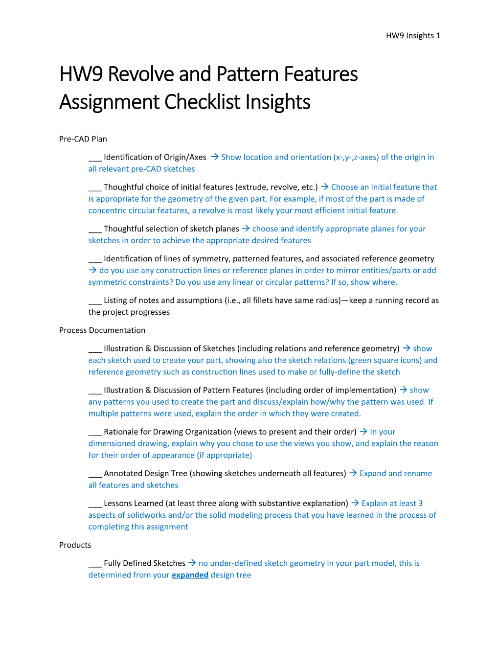 HW9 Revolve and Pattern Features Assignment Checklist Insights