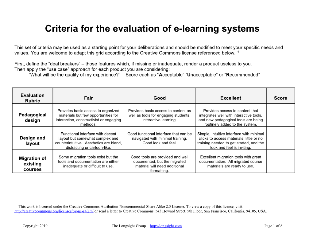 Criteria for the Evaluation of E-Learning Systems