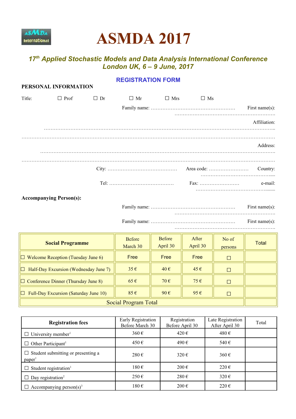 17Th Applied Stochastic Models and Data Analysis International Conference