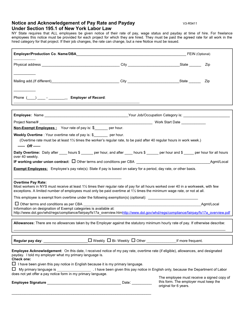 Notice and Acknowledgement of Pay Rate and Payday V3-R5411