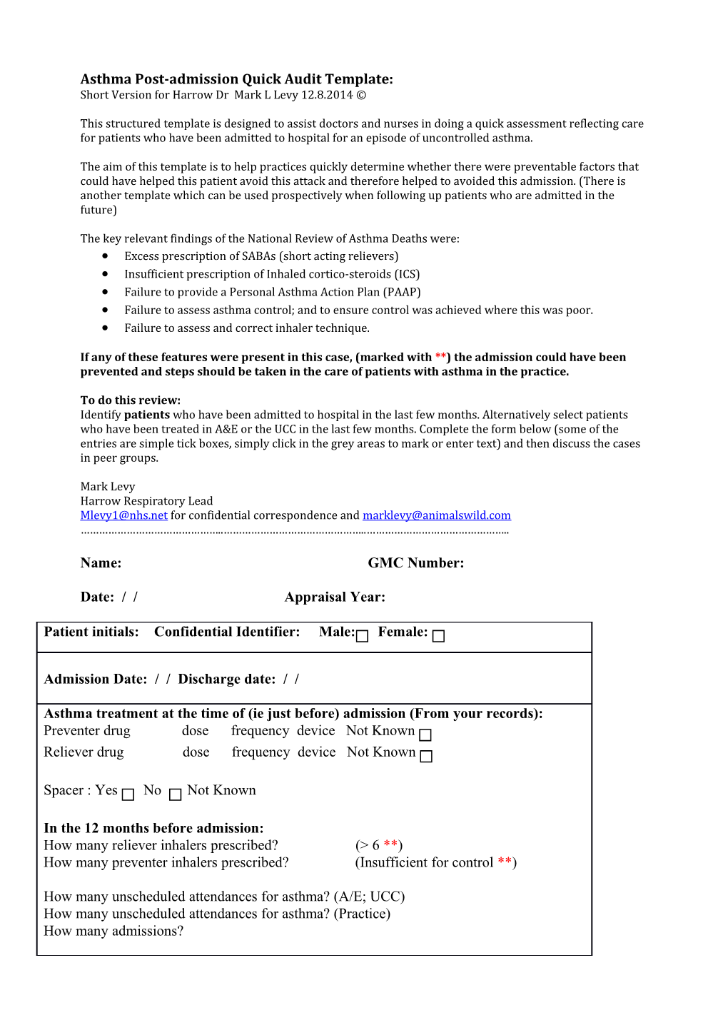 Asthma Post-Admission Quick Audit Template