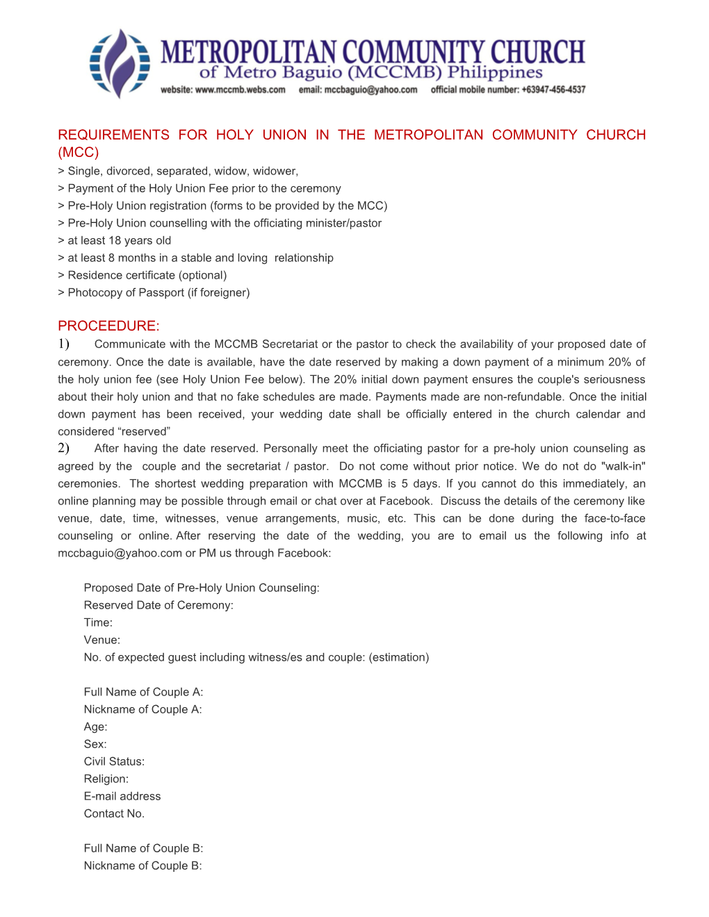 Requirements for Holy Union in the Metropolitan Community Church (Mcc)