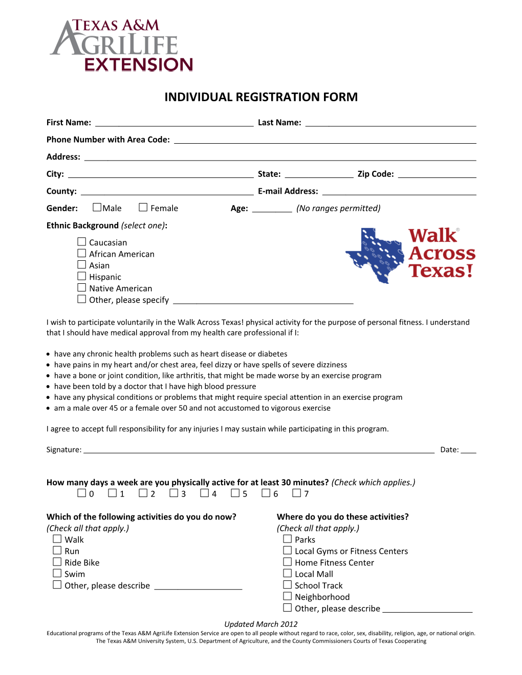 Walk Across Texas! - Individual Registration Form