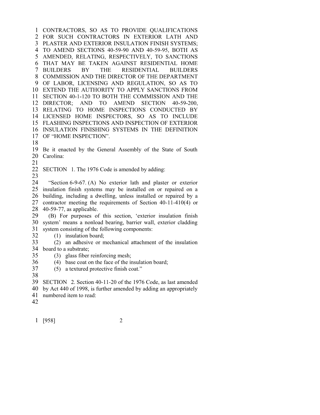 2001-2002 Bill 958: Contractors License Classifications, Residential Home Builders, Home