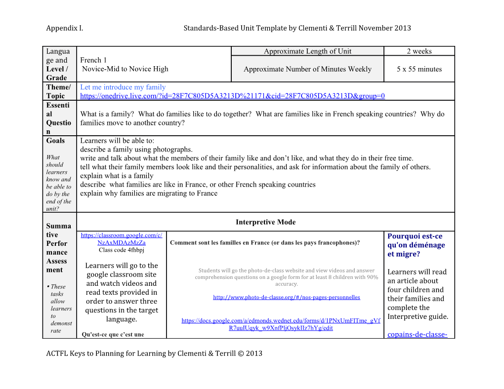 Appendix I. Standards-Based Unit Template by Clementi & Terrill November 2013