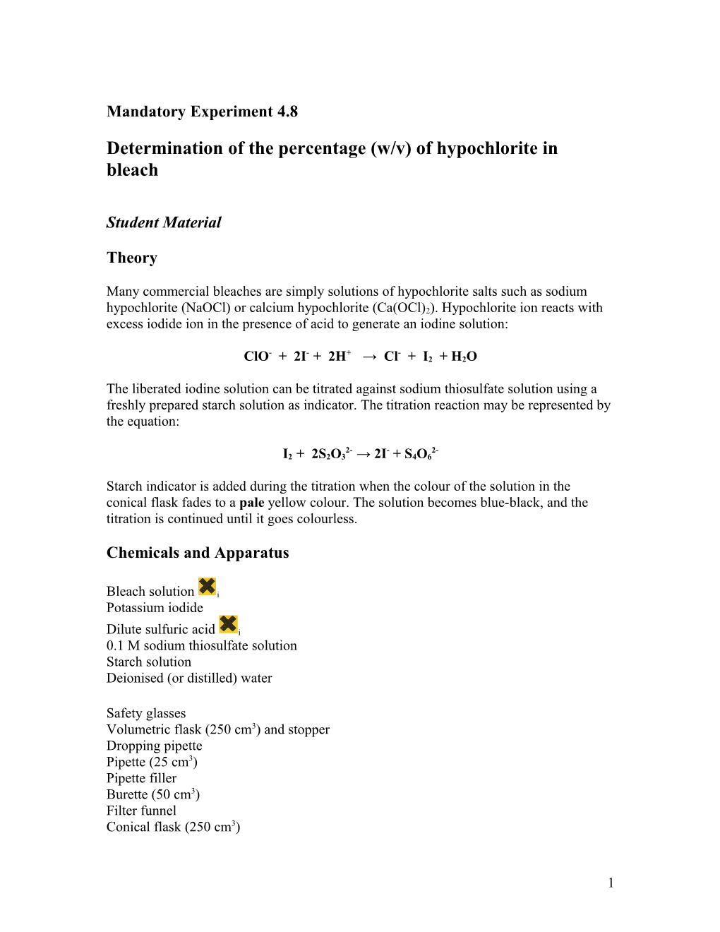 Determination of the Percentage (W/V) of Hypochlorite in Bleach