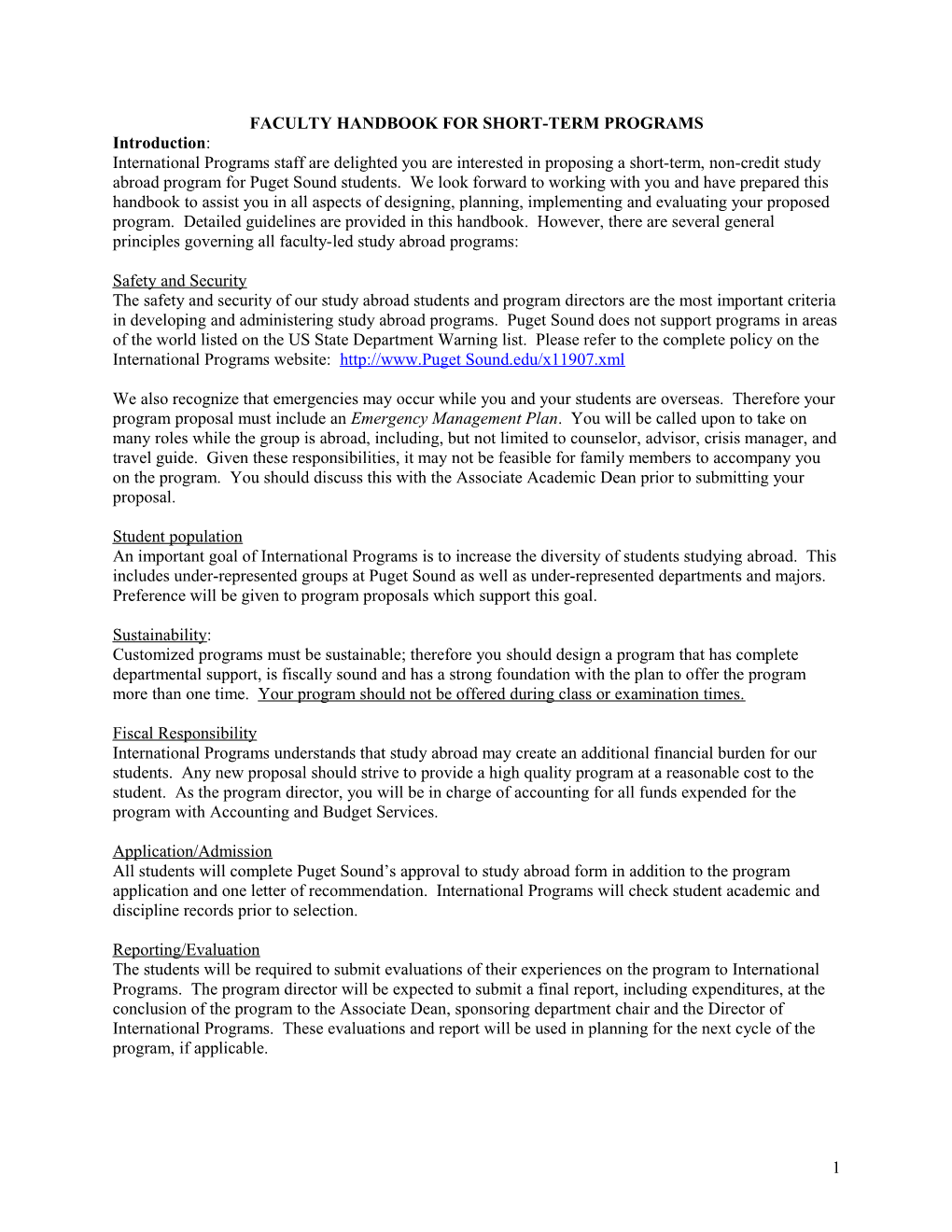 Draft Faculty Handbook for Short-Term Programs