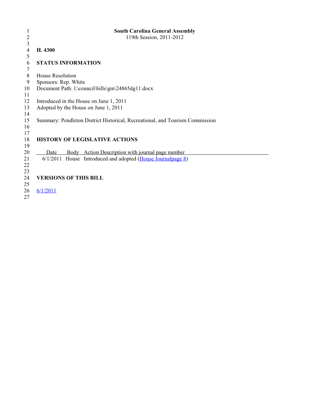 2011-2012 Bill 4300: Pendleton District Historical, Recreational, and Tourism Commission