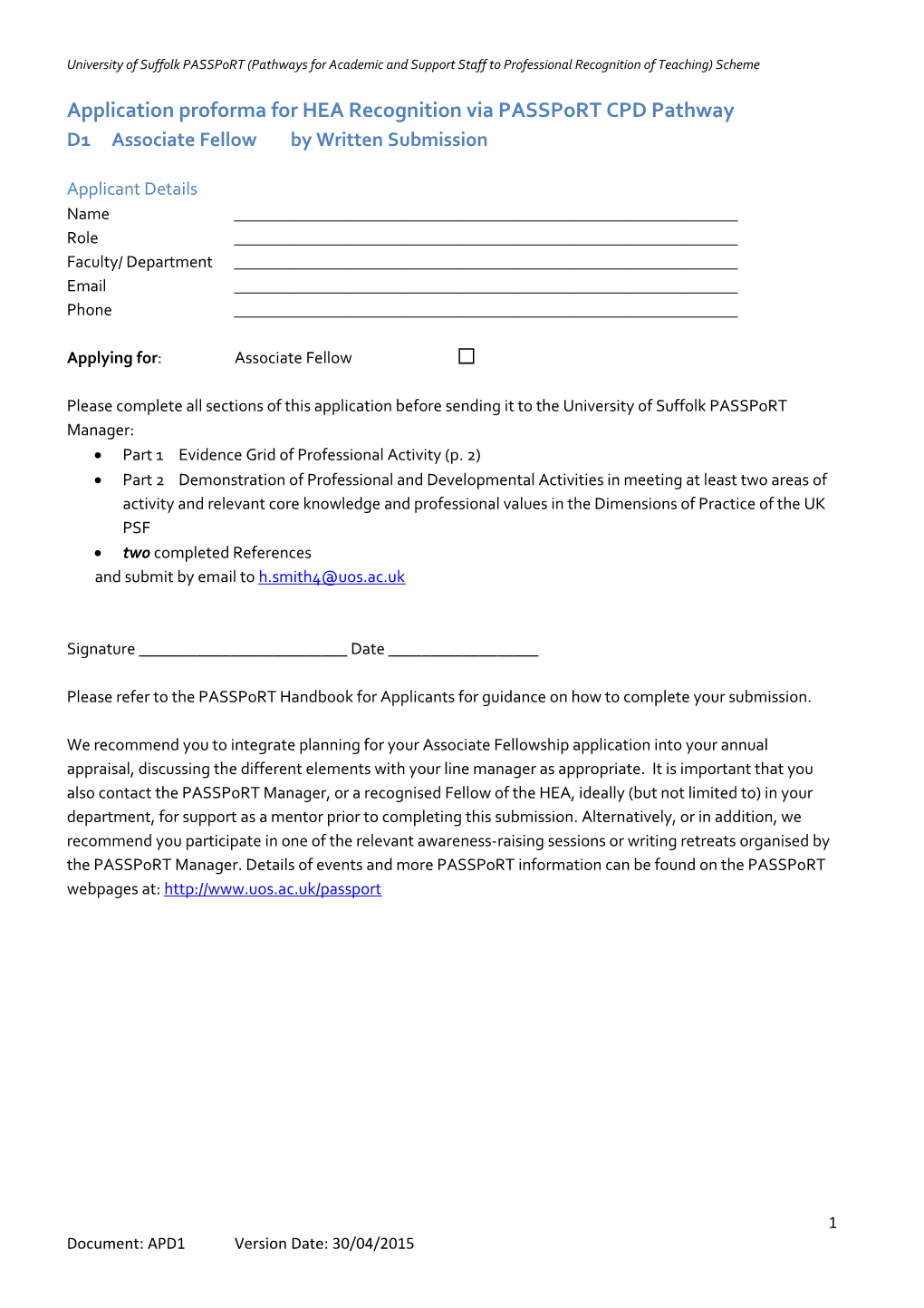 Application Proforma for HEA Recognition Via Passport CPD Pathway