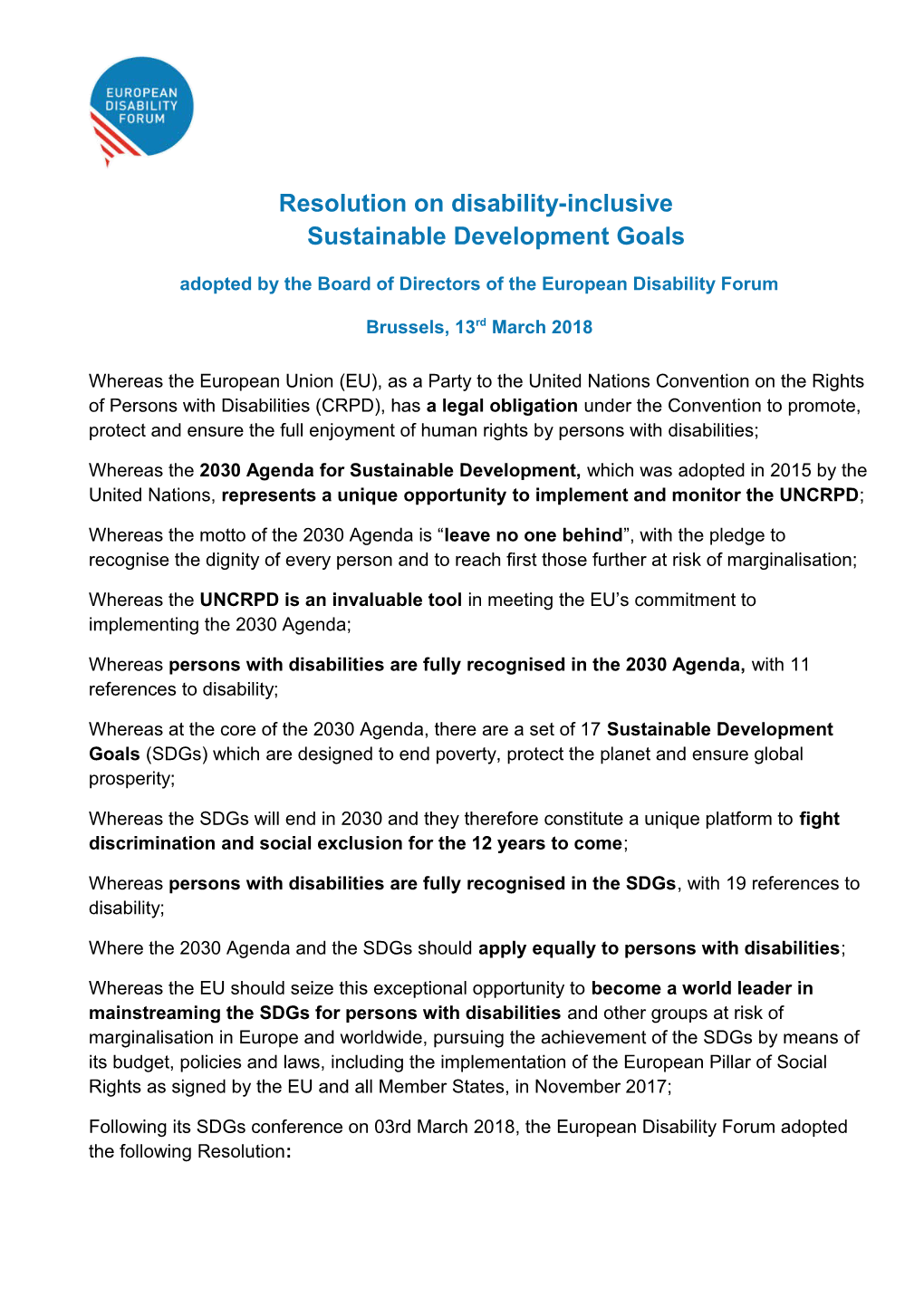 Resolution on Disability-Inclusive Sustainable Development Goals