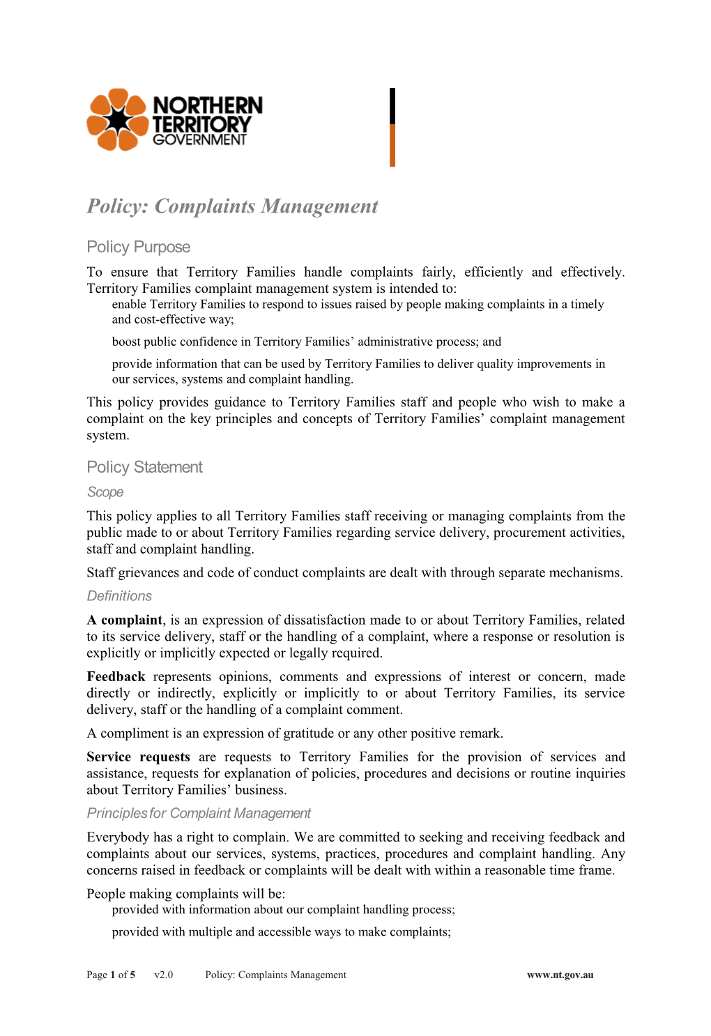 Policy: Complaints Management