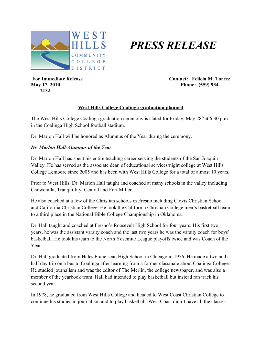 West Hills College Coaligna Graduation Planned