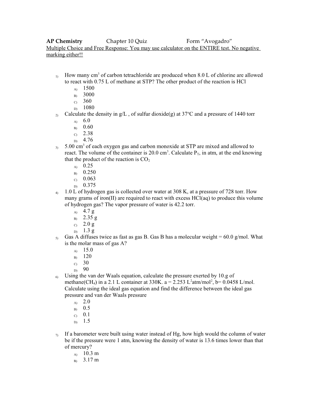 AP Chemistry Chapter 10 Quiz Form Avogadro