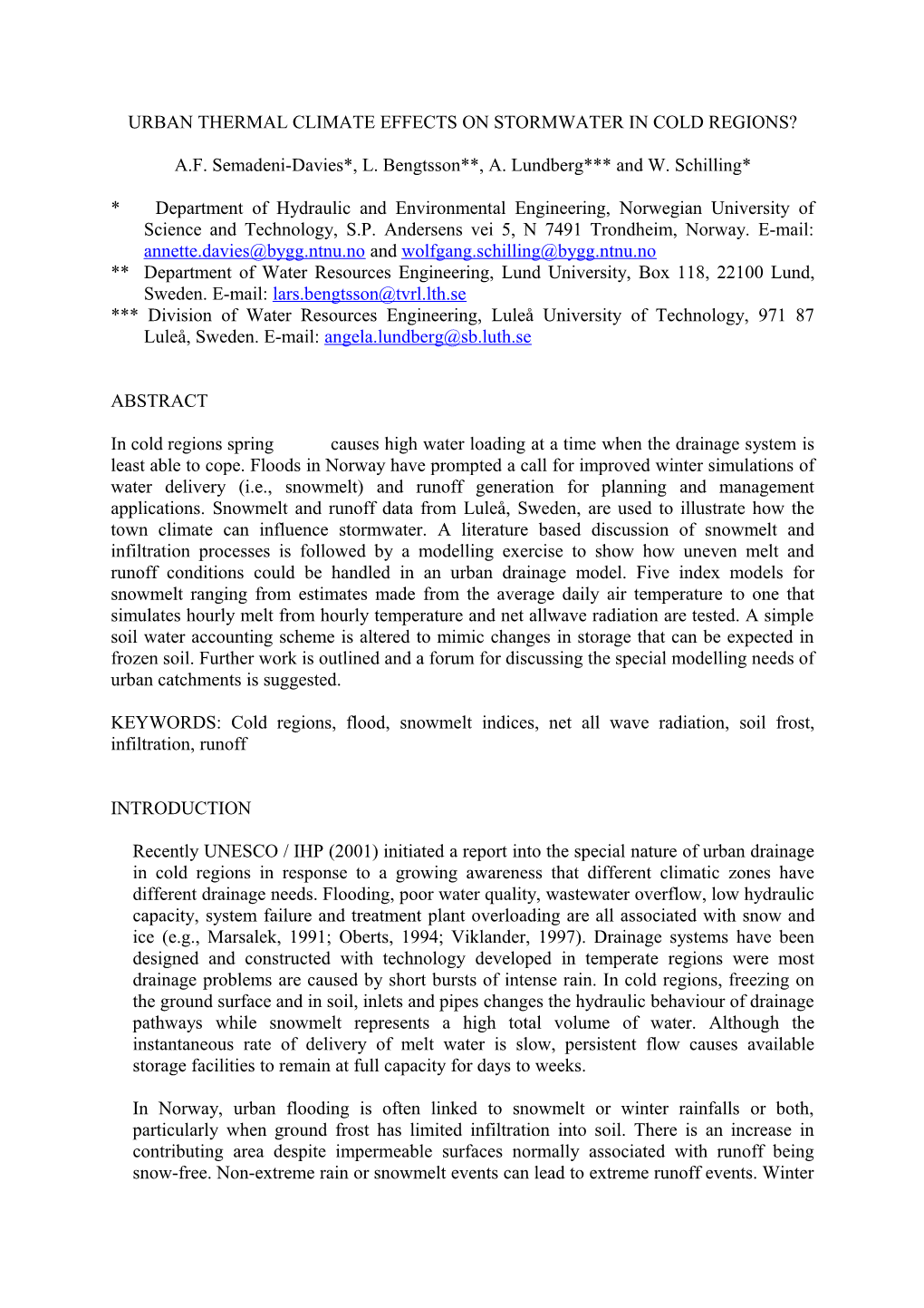 Urban Thermal Climate Effects on Stormwater in Cold Regions