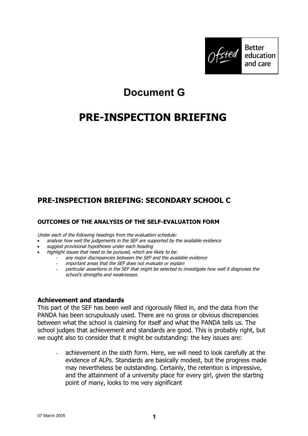 Pre-Inspection Briefing: Secondary School C