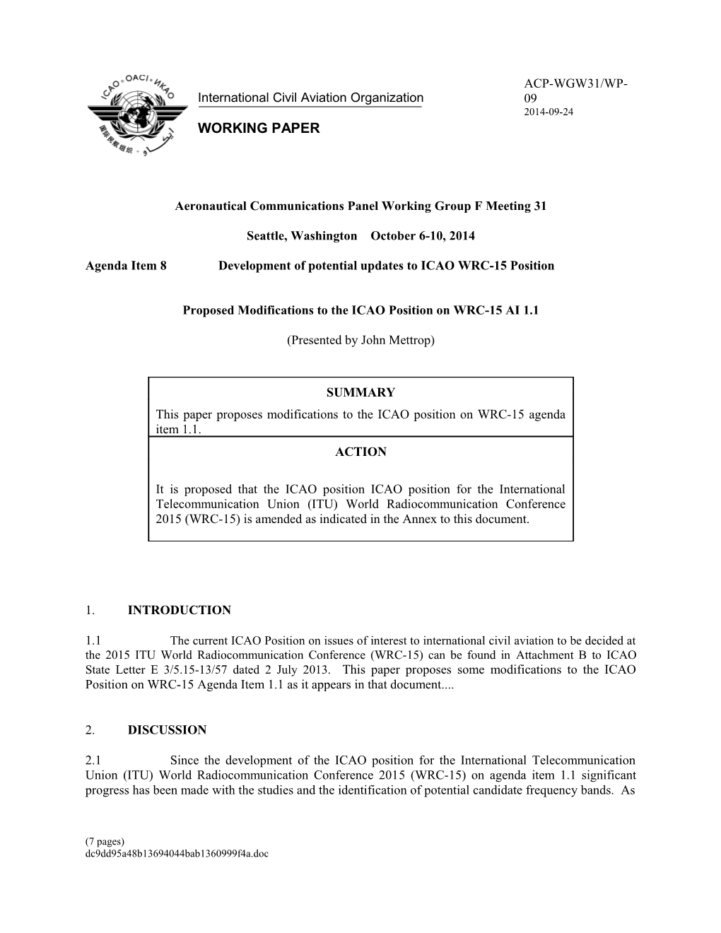 Proposed Modifications to the ICAO Position on WRC-15 AI 1.1