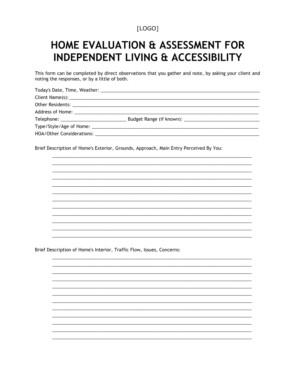 Home Evaluation & Assessment for Independent Living & Accessibility
