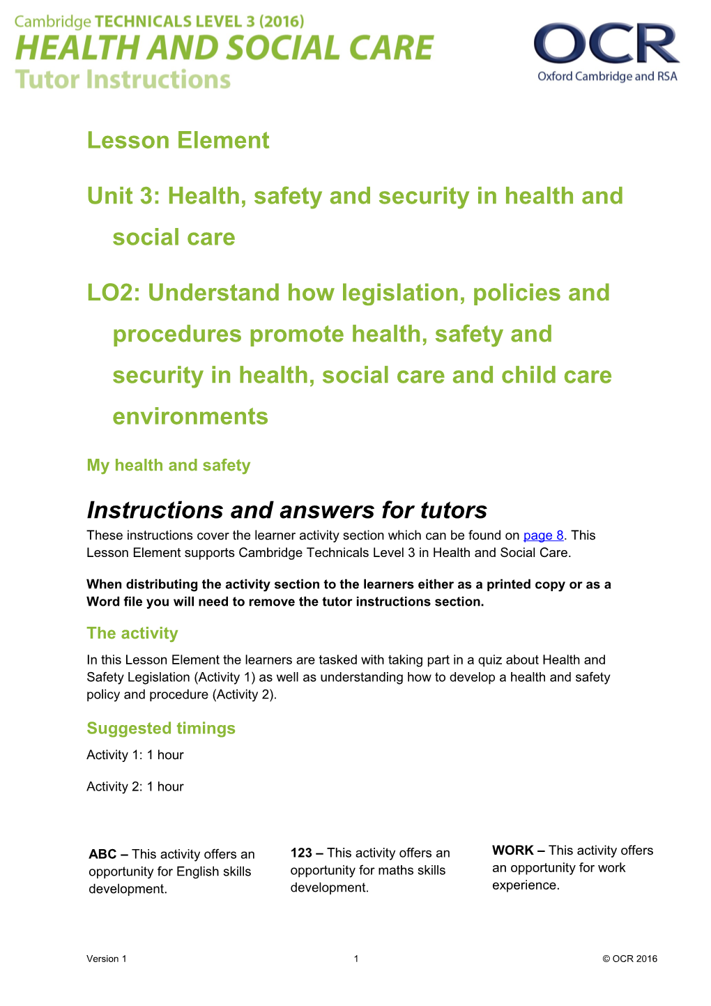 Cambridge Technicals Level 3 Health and Social Care Lesson Element