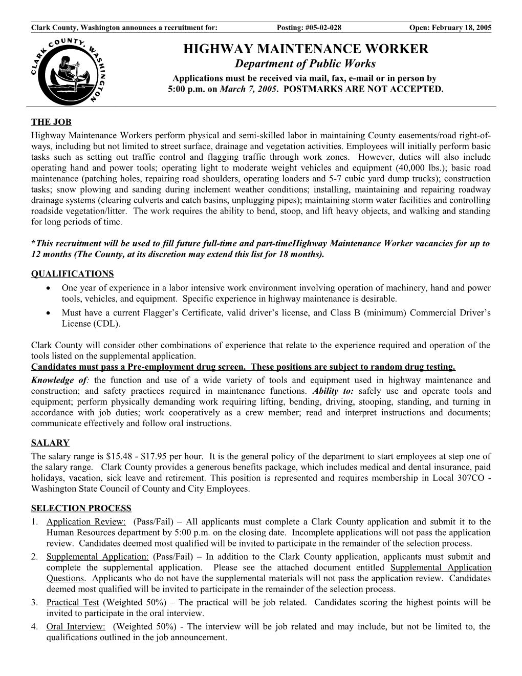 Clark County, Washington Announces a Recruitment For:Posting: #05-02-028Open: February
