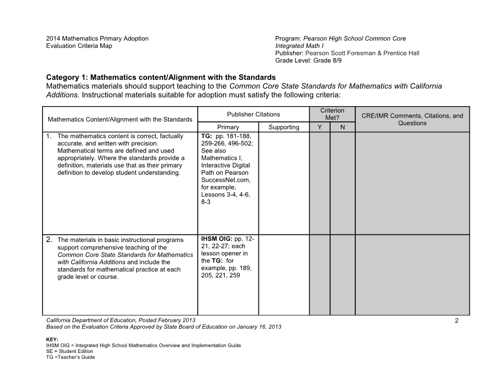 Evaluation Criteria Map - Instructional Resources (CA Dept of Education)