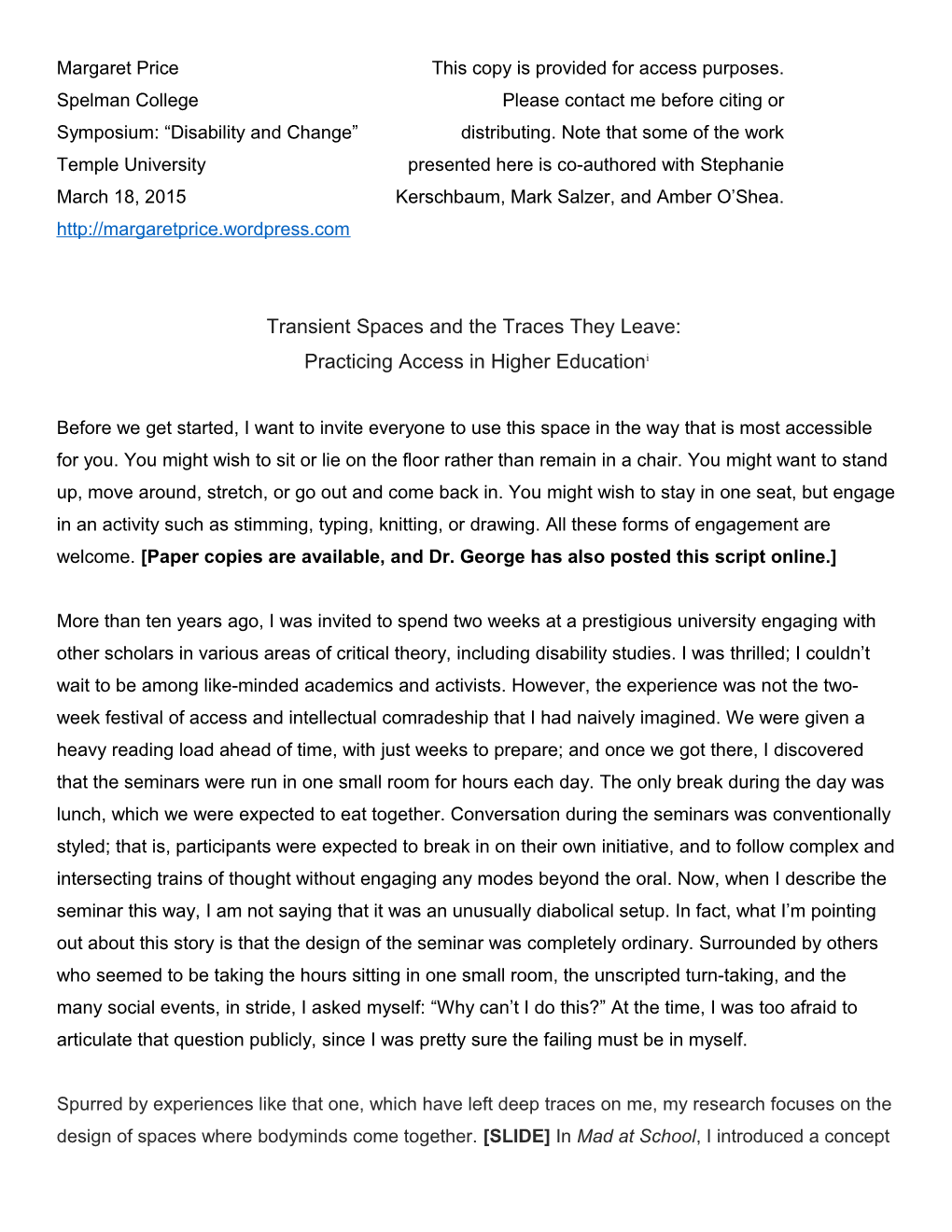 Price / Transient Spaces and the Traces They Leave / Symposium on Disability and Change / Page 1