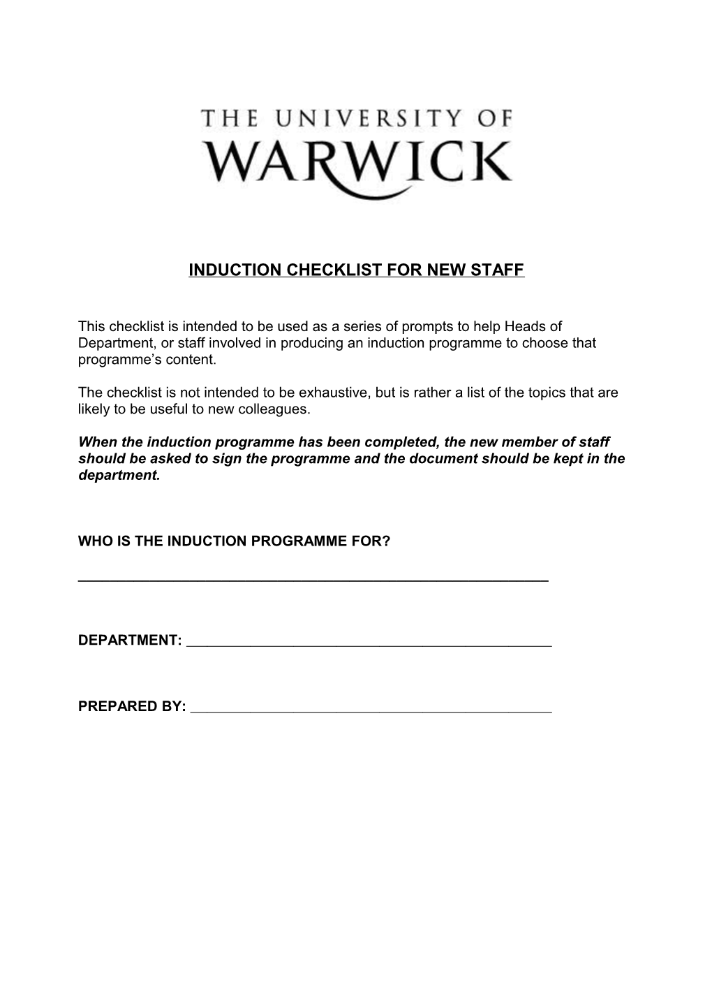 Induction Checklist for New Starters