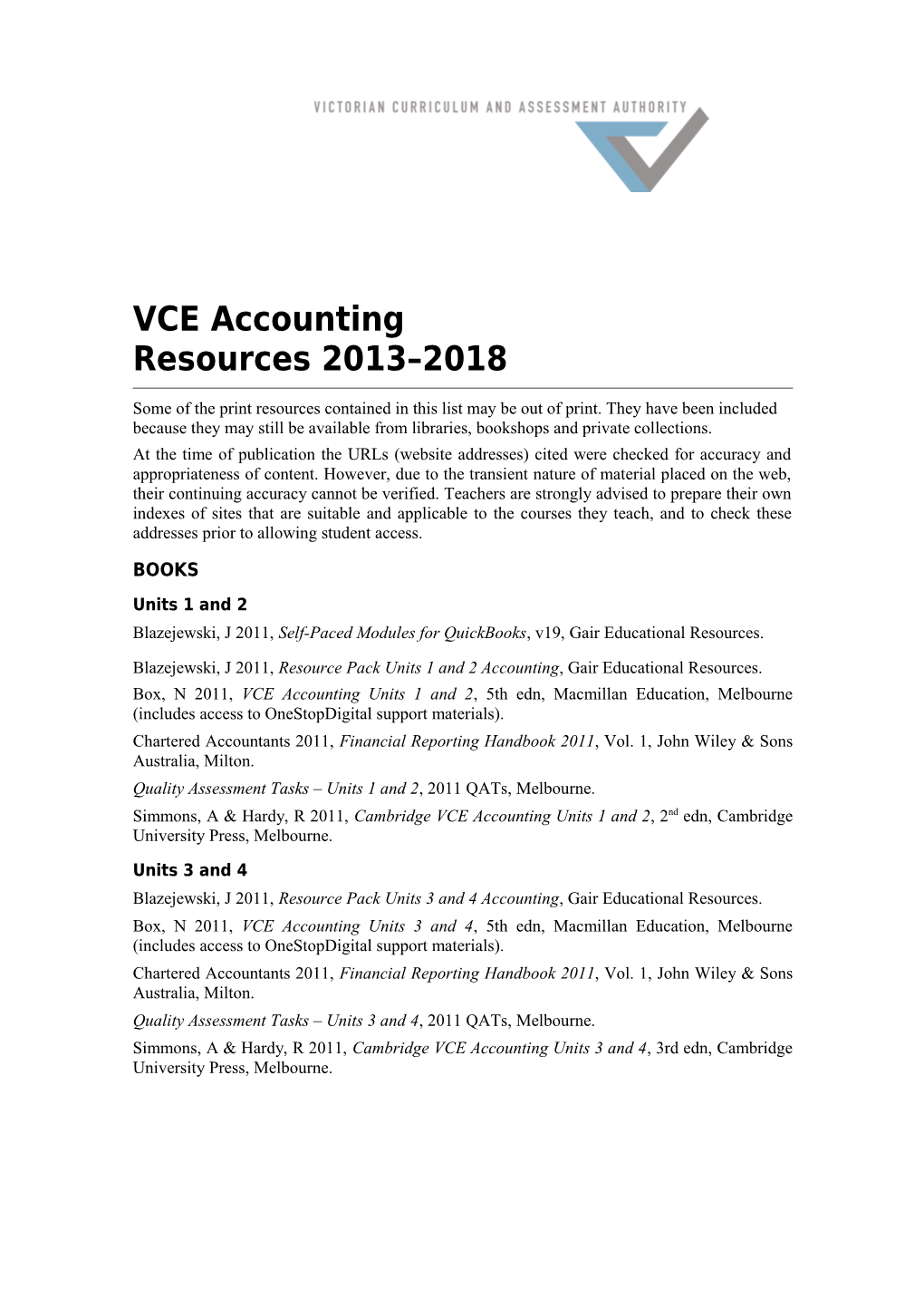 VCE Accounting Resources 2012-2016