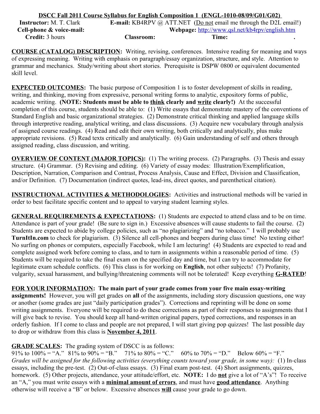 Dyersburg State Community College Course Syllabus for English Composition I (ENGL-1010)