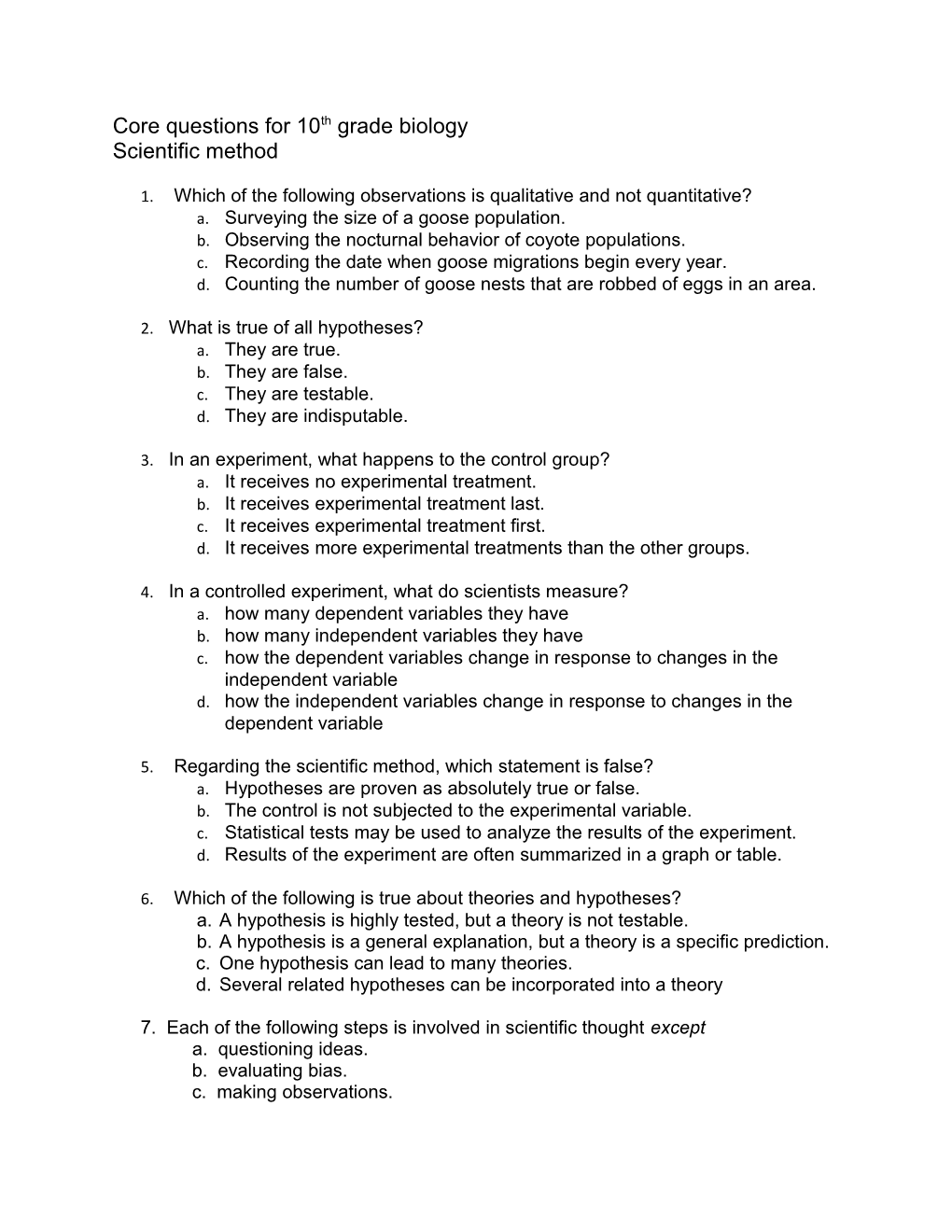 Core Questions for 10Th Grade Biology