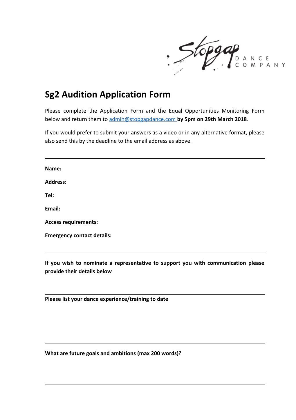 Sg2 Audition Application Form