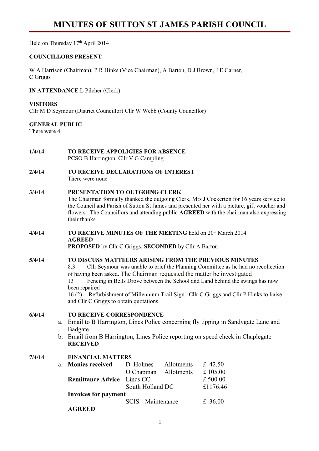 Minutes of Sutton St James Parish Council