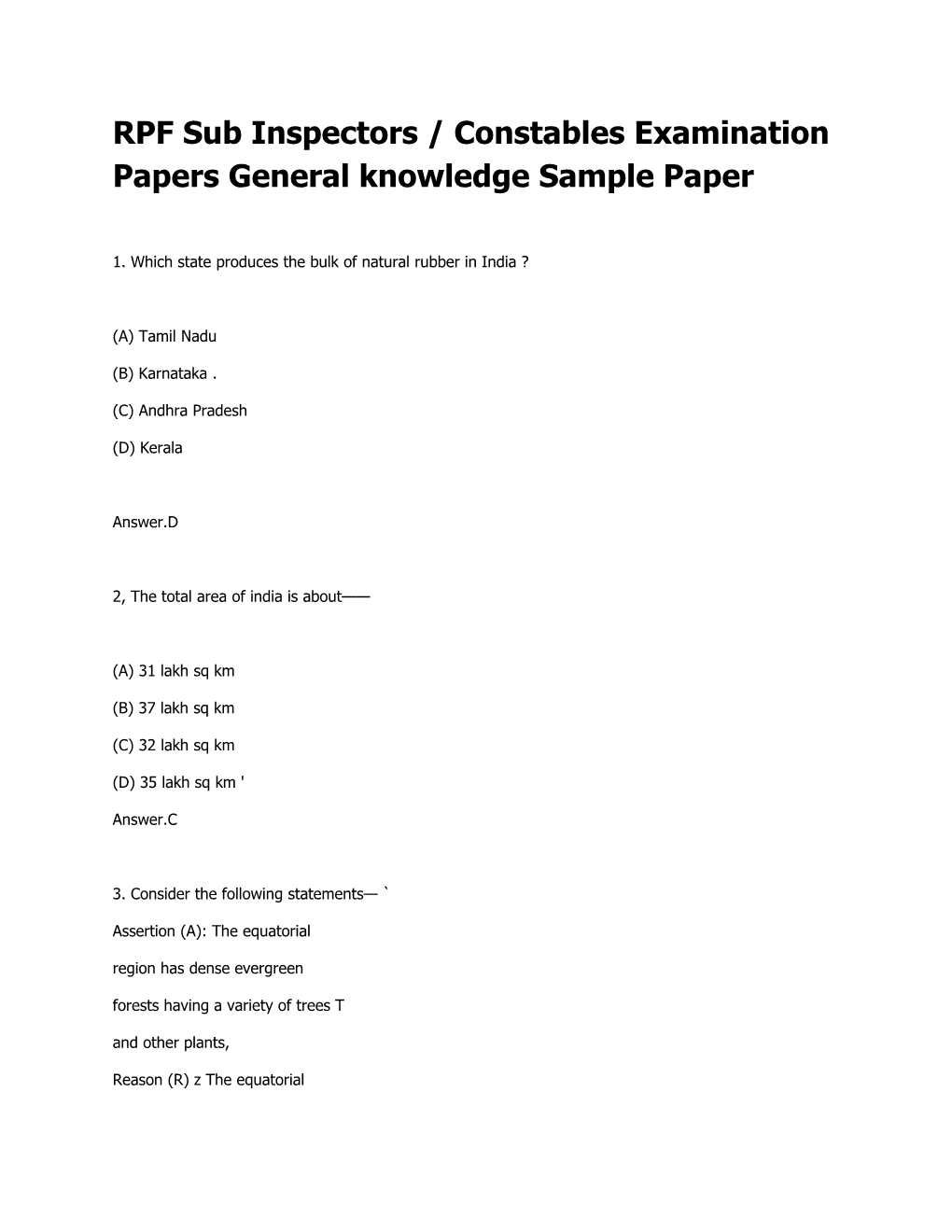 RPF Sub Inspectors / Constables Examination Papersgeneral Knowledge Sample Paper