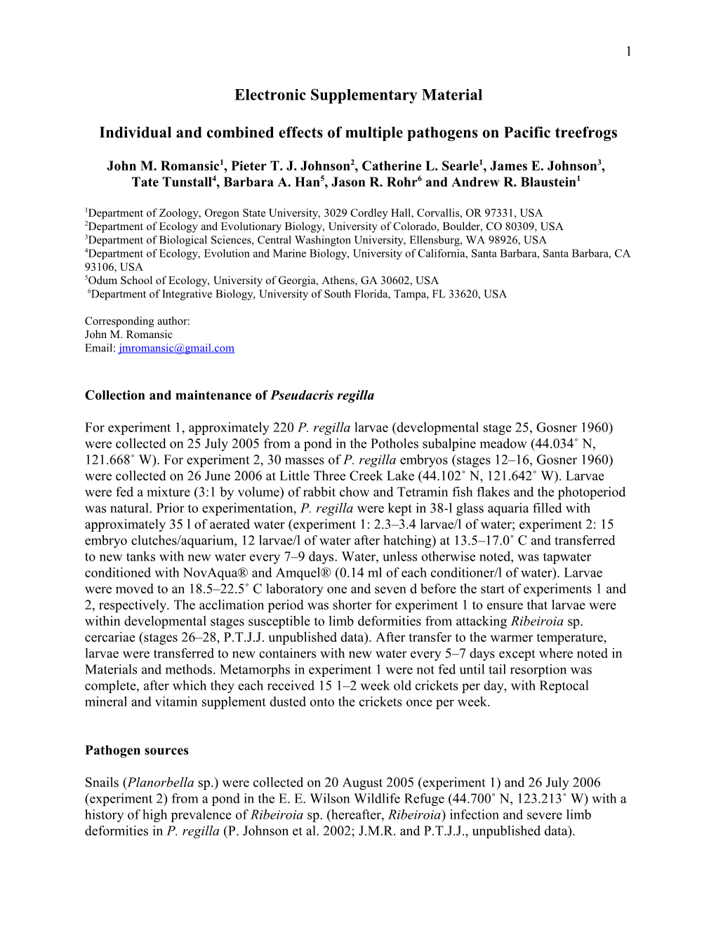 Individual and Combined Effects of Multiple Pathogens on Pacific Treefrogs