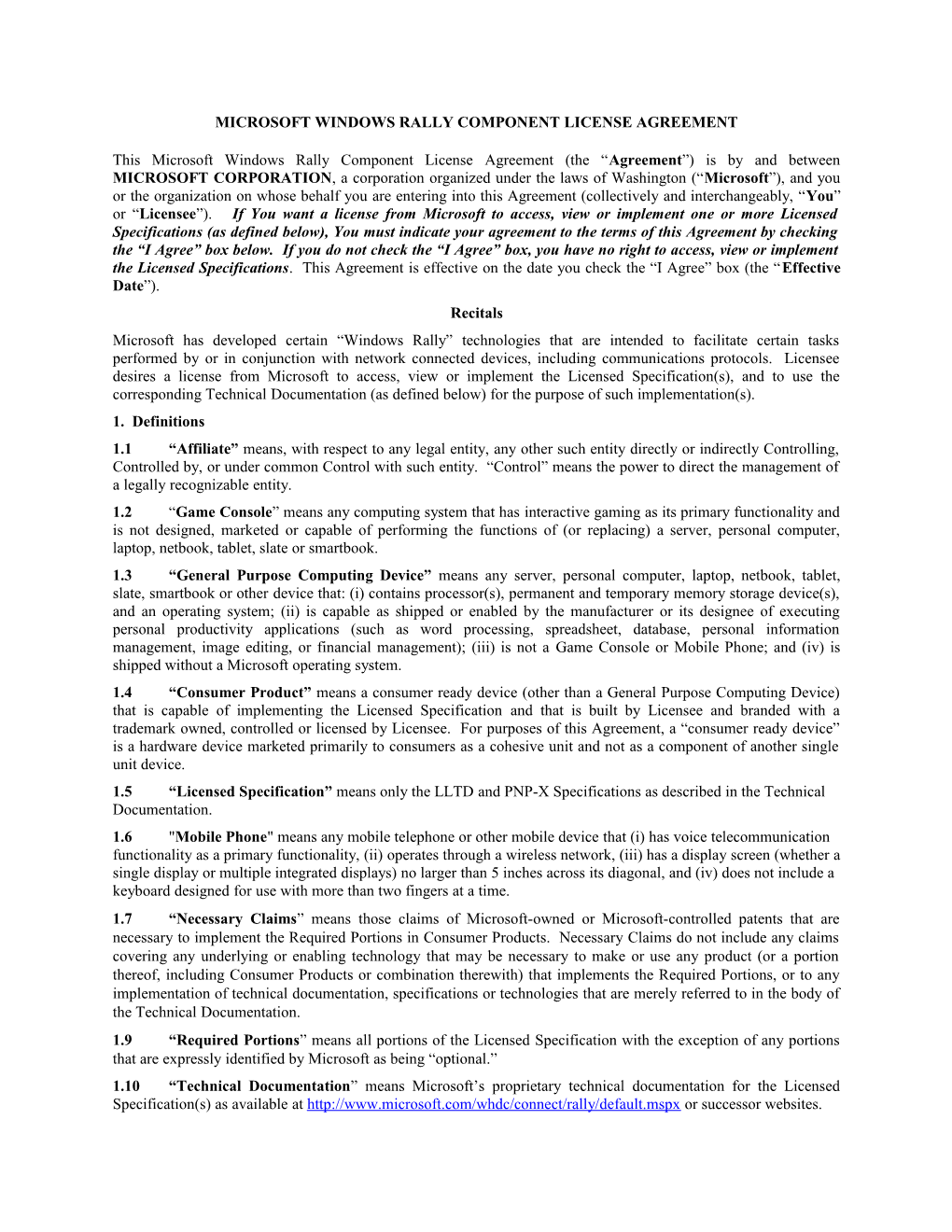 MICROSOFT WINDOWS Rallycomponentlicense Agreement
